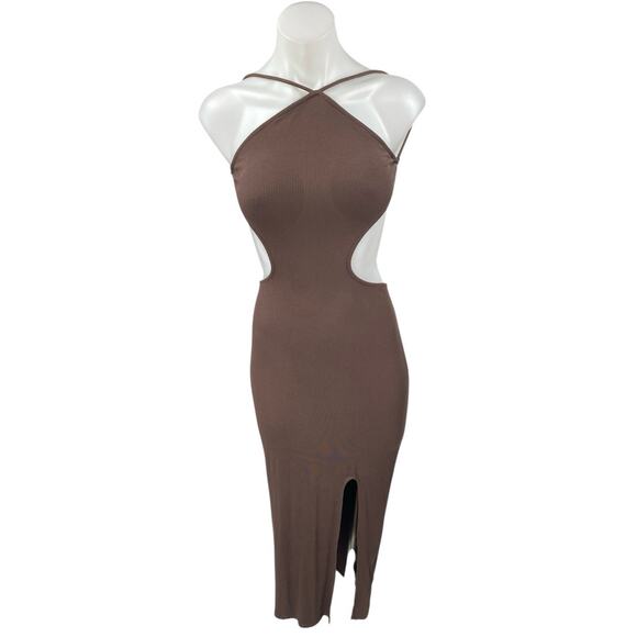 12th Tribe Brown Ribbed Knit Sleeveless Cutout Slit Midi Bodycon Dress Size L - Picture 1 of 4